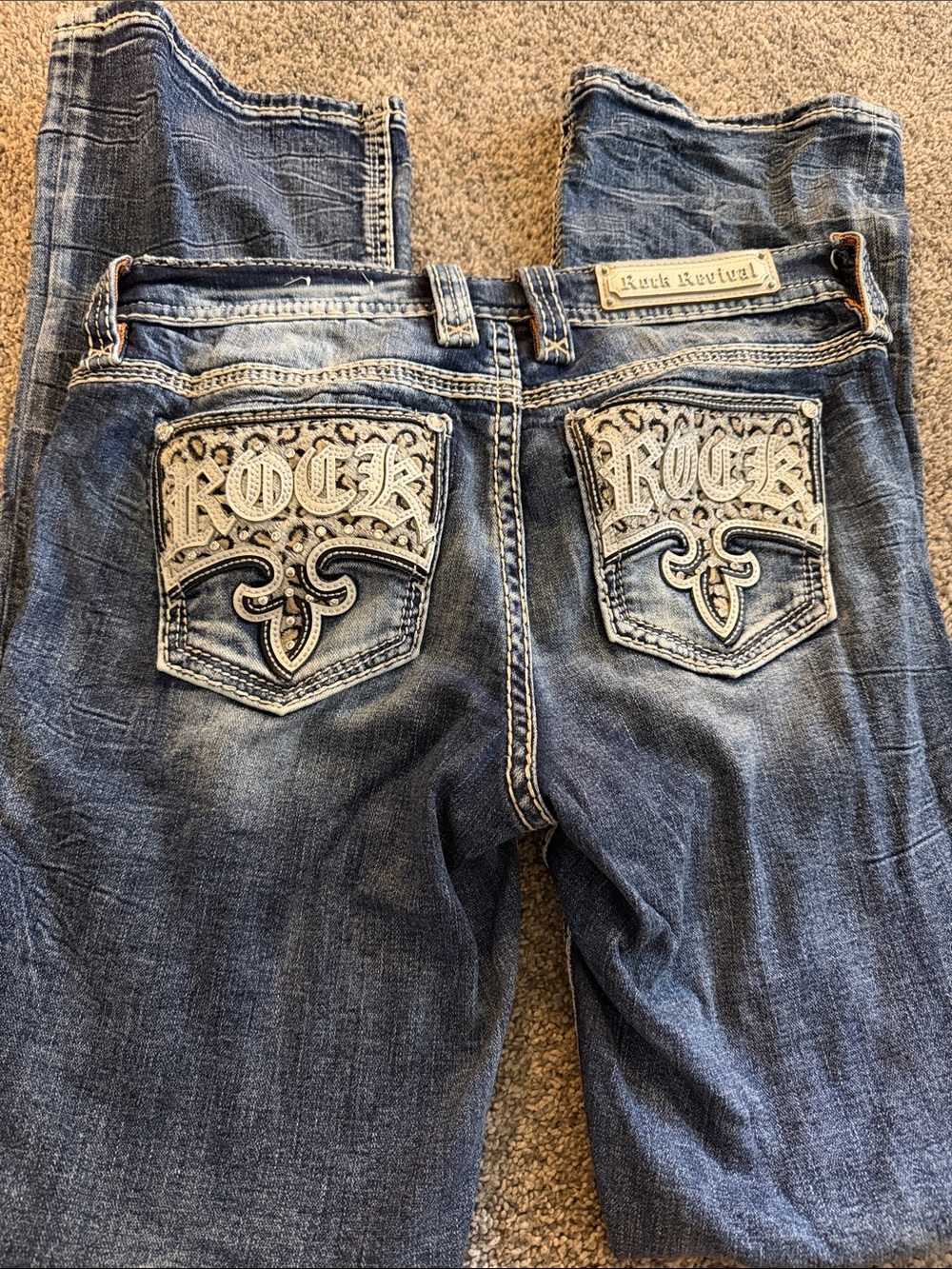 Rock Revival Distressed Embroidered Back Pocket Jeans - Medium Blue